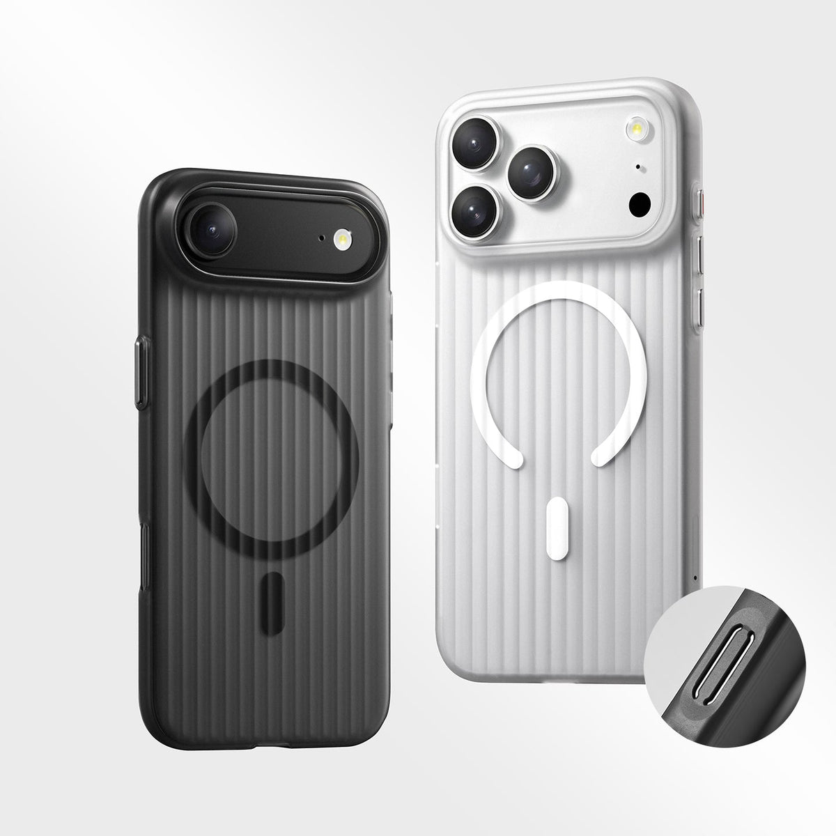 Black and white striped iPhone cases side by side with button detail inset