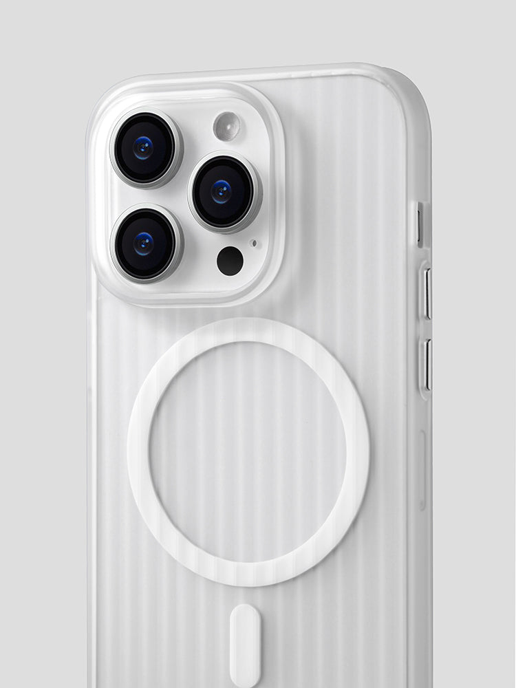 Close-up of white striped iPhone case with magnetic ring