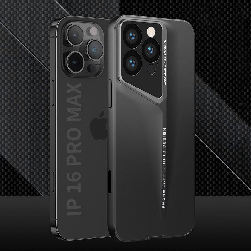 Black matte metallic-look iPhone 16 Pro Max case with angled camera frame next to the bare phone
