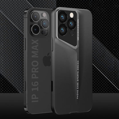 Black matte metallic-look iPhone 16 Pro Max case with angled camera frame next to the bare phone