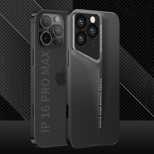 Black matte metallic-look iPhone 16 Pro Max case with angled camera frame next to the bare phone