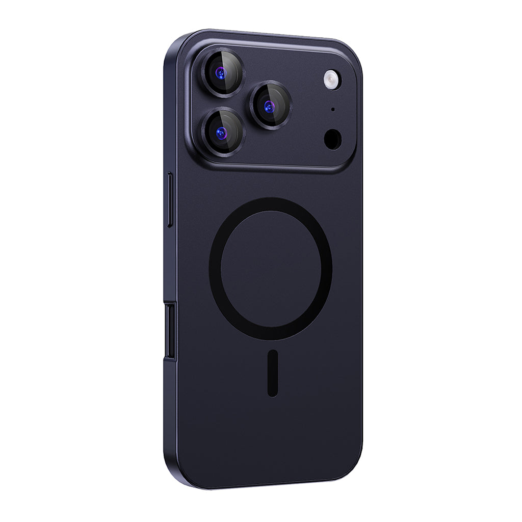 Navy Blue metal MagSafe case on a triple-camera iPhone