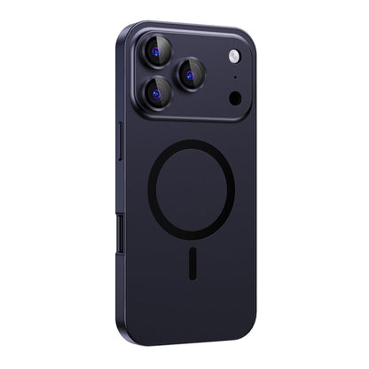 Navy Blue metal MagSafe case on a triple-camera iPhone