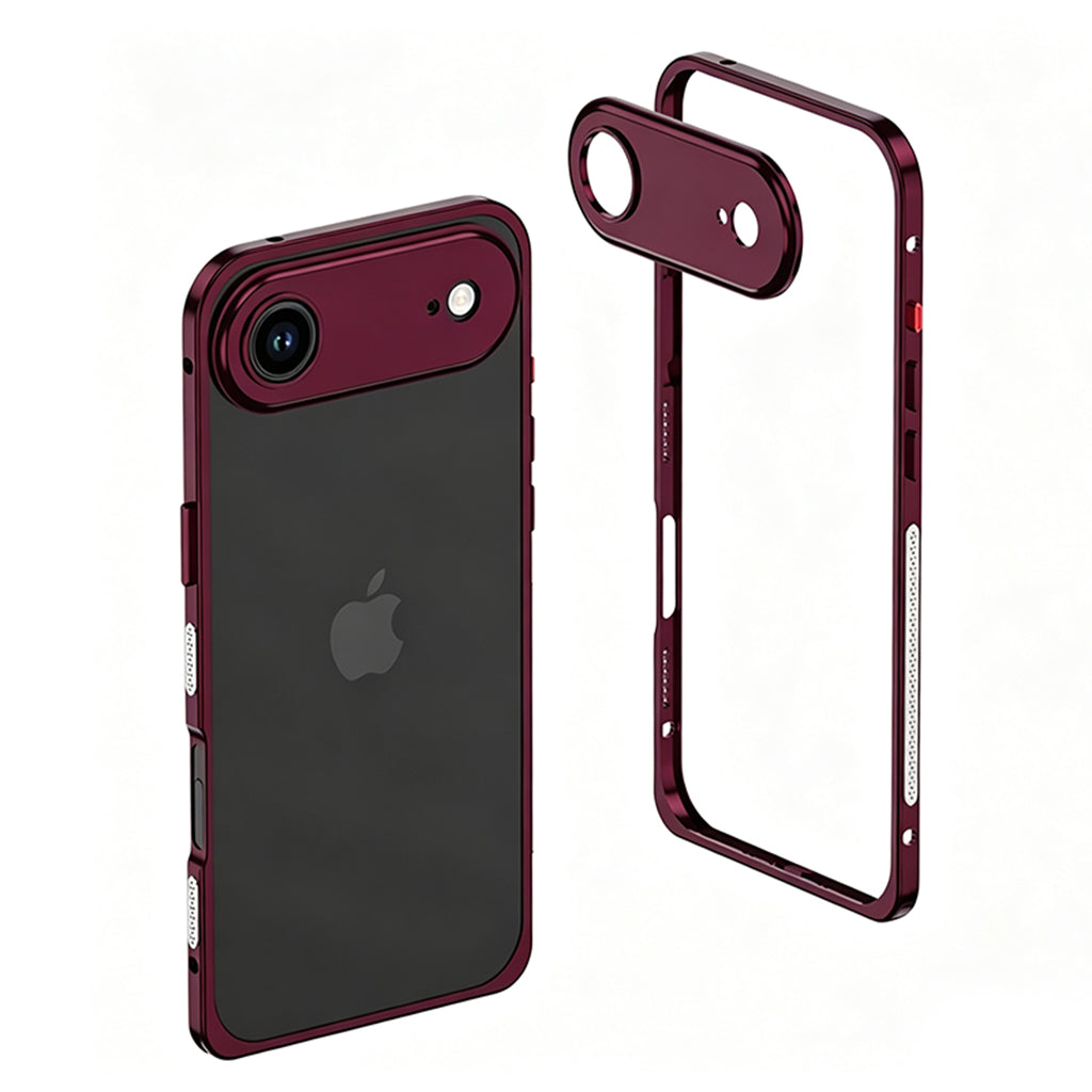 Burgundy metal bumper on a single-camera iPhone 17 Air with a dark back