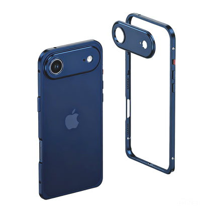 Blue metal bumper on a single-camera iPhone 17 Air with the frame beside it