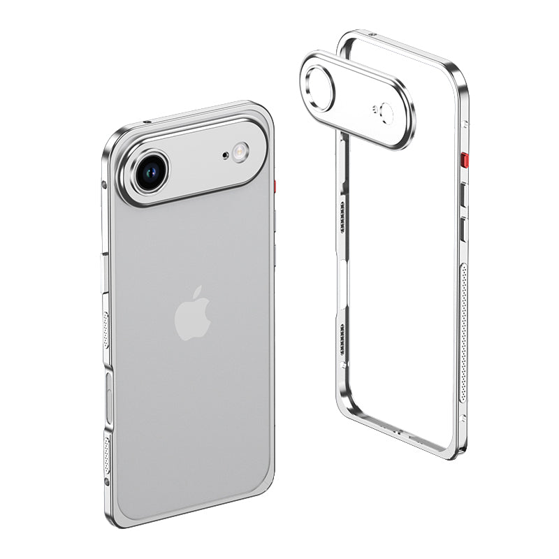 Silver metal bumper on a single-camera iPhone 17 Air with the frame beside it