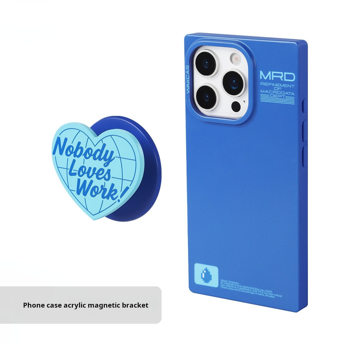 Blue heart-shaped magnetic stand beside the matte blue case