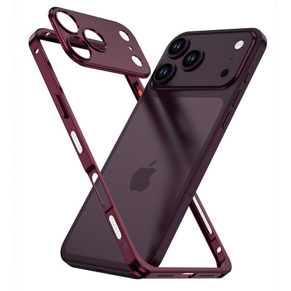 Burgundy metal bumper crossed with a matching phone to show the frame shape