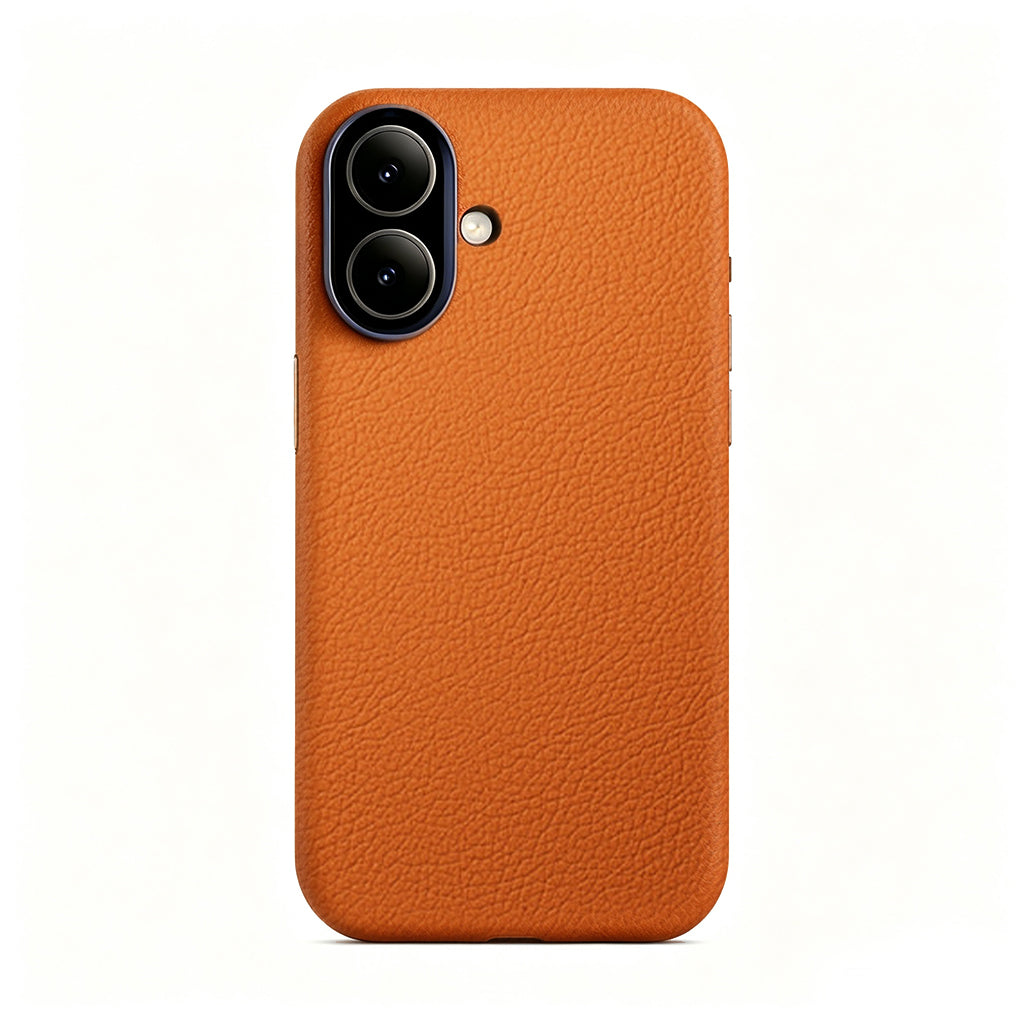 Orange leather case on a dual-camera iPhone