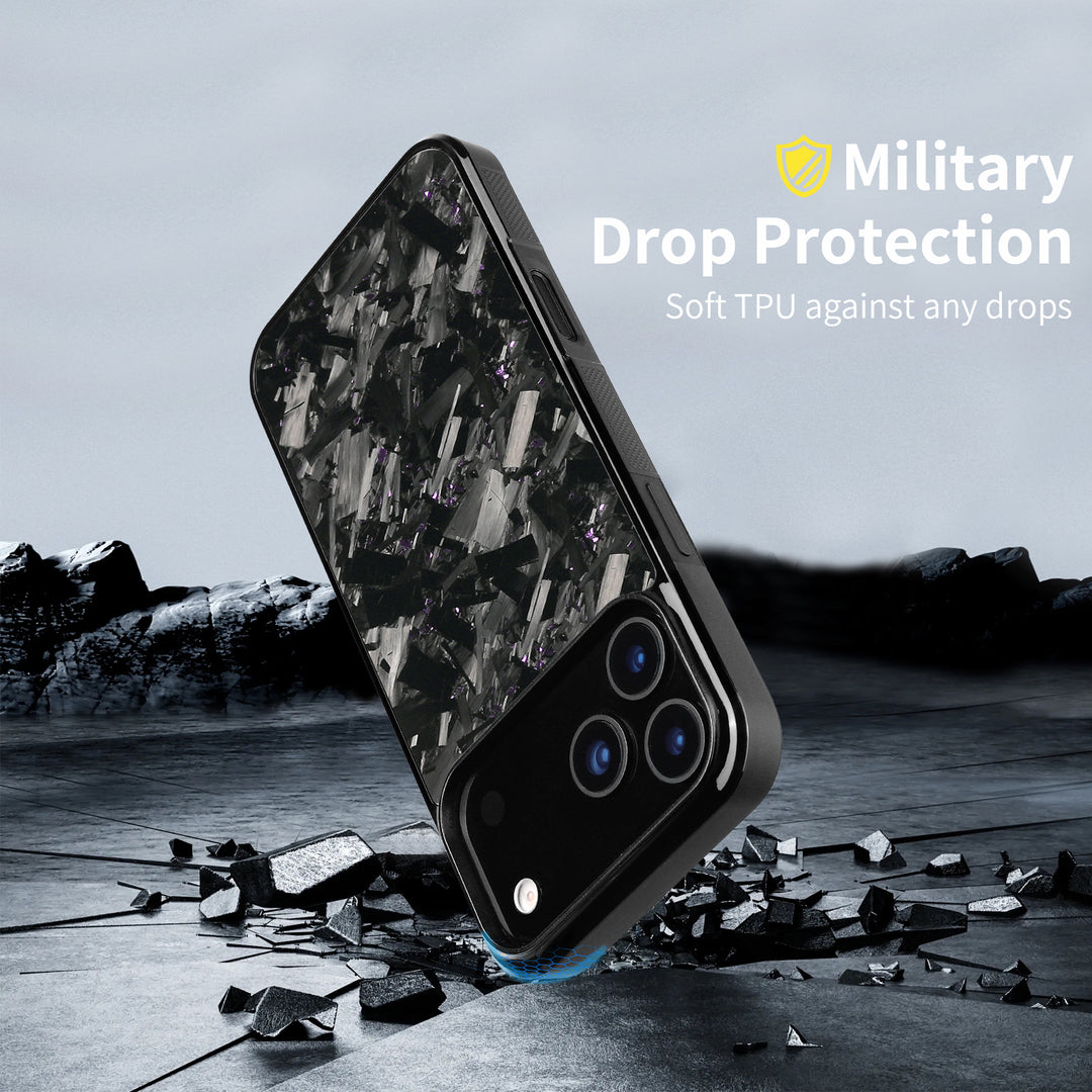 Forged carbon fiber iPhone case on dark rocks