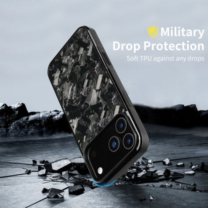 Forged carbon fiber iPhone case on dark rocks