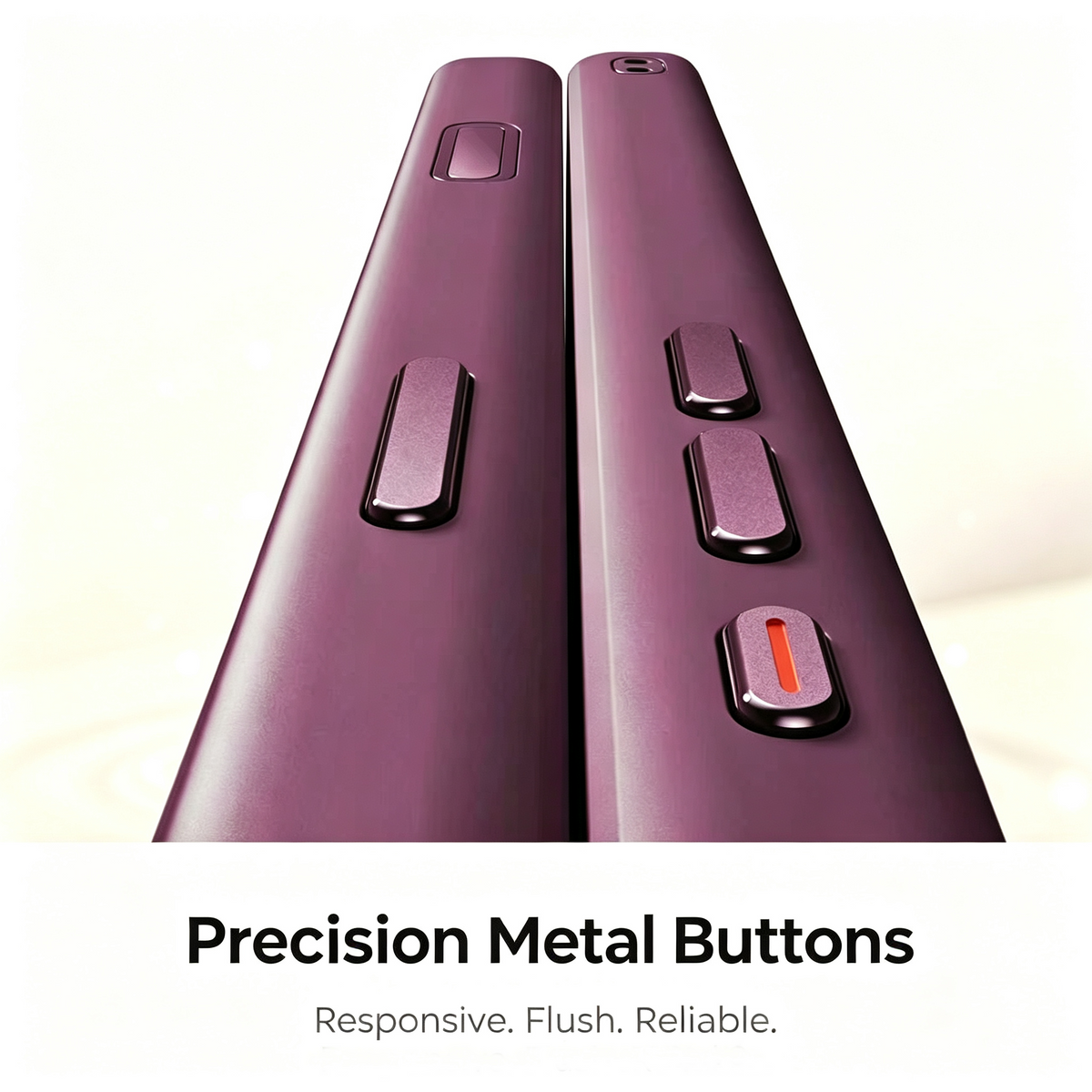 Close-up of metal side buttons on burgundy skin-feel iPhone case