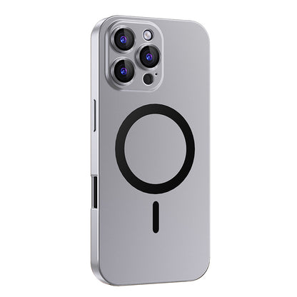Silver metal MagSafe case on an earlier triple-camera Pro model