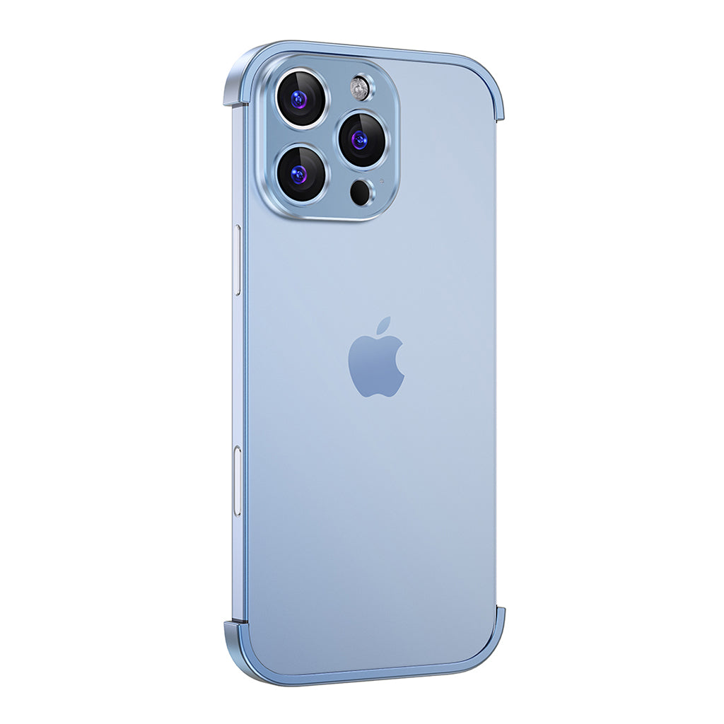 Glacier Blue aluminum bumper on an earlier triple-camera Pro model