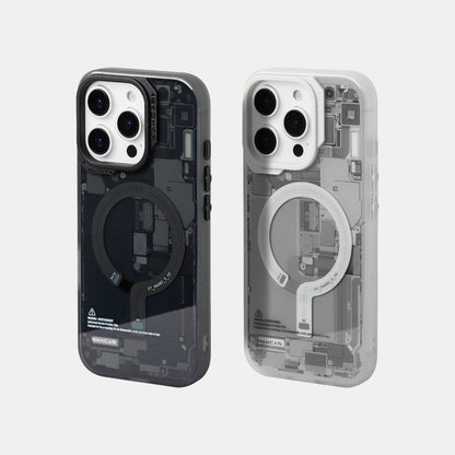 Black and grey circuit board magnetic cases, straight-on rear view