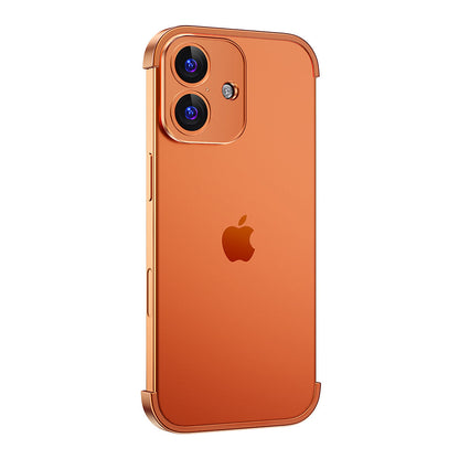 Orange aluminum bumper with square camera frame on a dual-camera iPhone