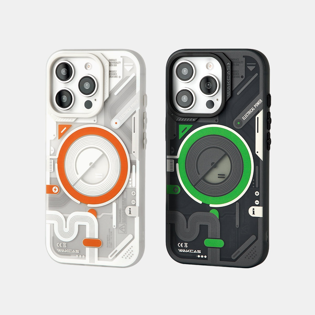 White-orange and black-green cases, front-facing rear view
