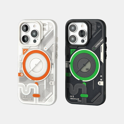White-orange and black-green cases, front-facing rear view