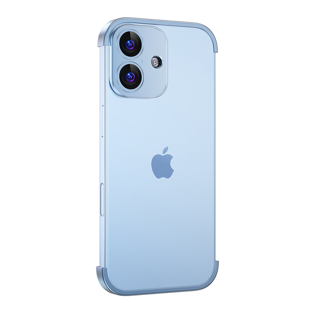 Glacier Blue aluminum bumper on a dual-camera iPhone