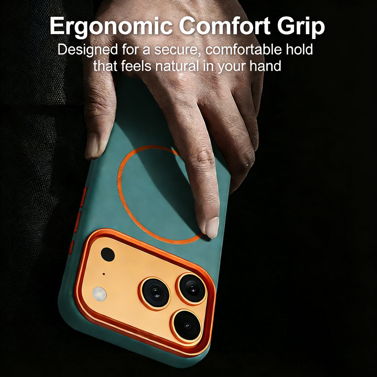 Hand holding green leather iPhone case showing the comfortable grip