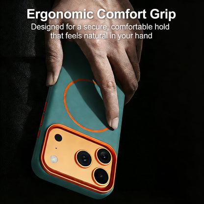 Hand holding green leather iPhone case showing the comfortable grip