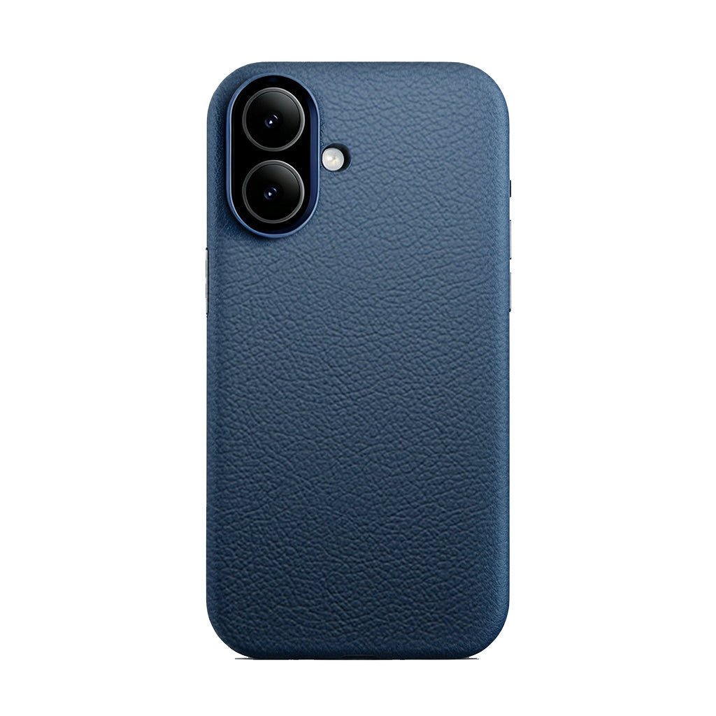 Blue leather case on a dual-camera iPhone