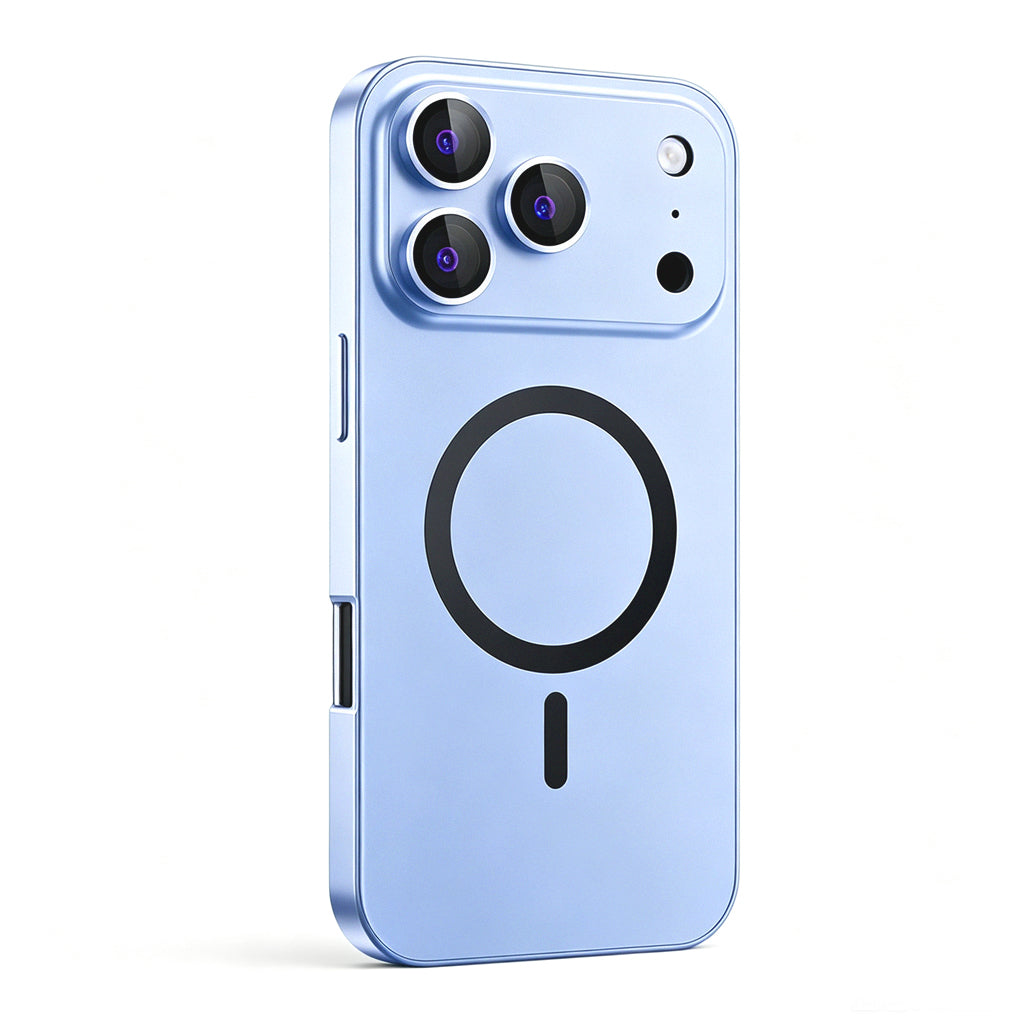 Glacier Blue metal MagSafe case on an earlier triple-camera Pro model