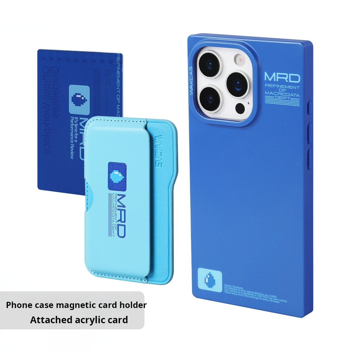 Magnetic card holder with an attached card next to the matte blue case