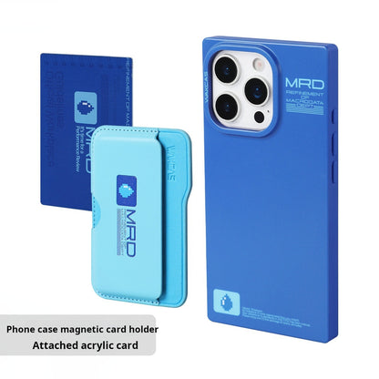 Magnetic card holder with an attached card next to the matte blue case