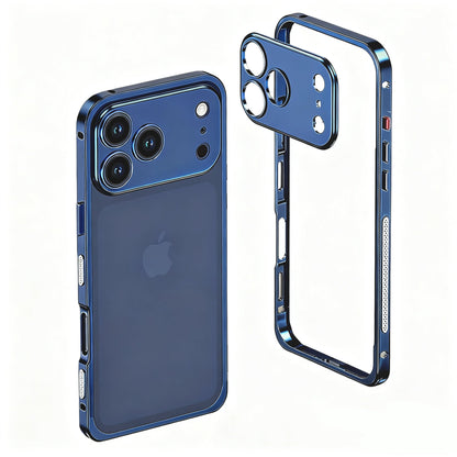 Blue metal bumper with raised camera surround on a triple-camera iPhone