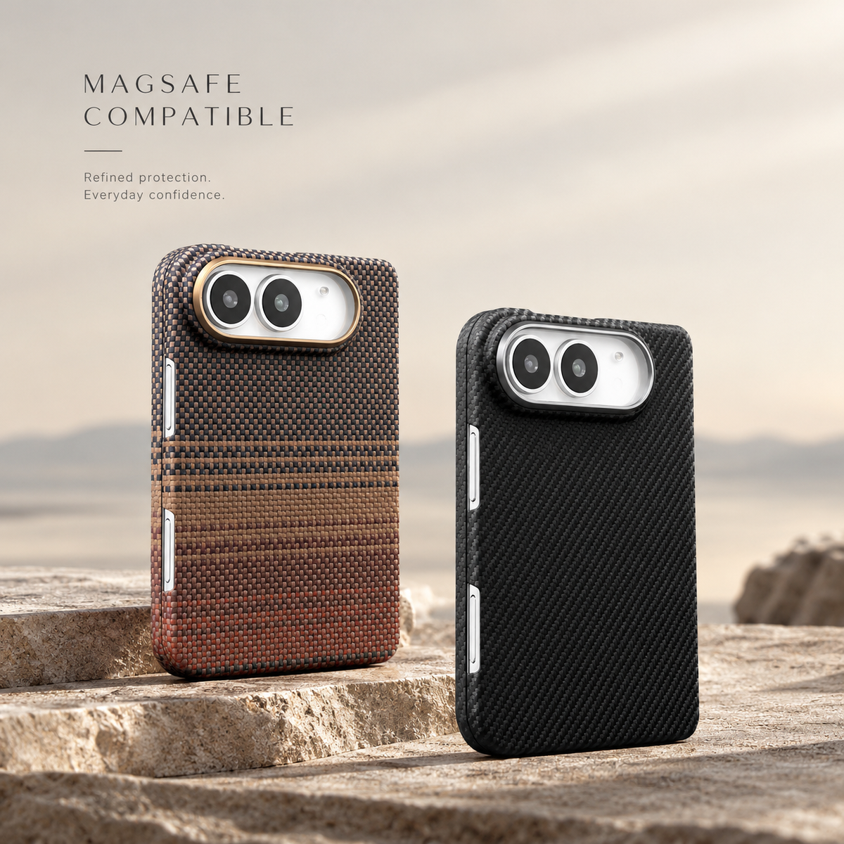 Amber and black aramid fiber iPhone Duo cases standing on stone