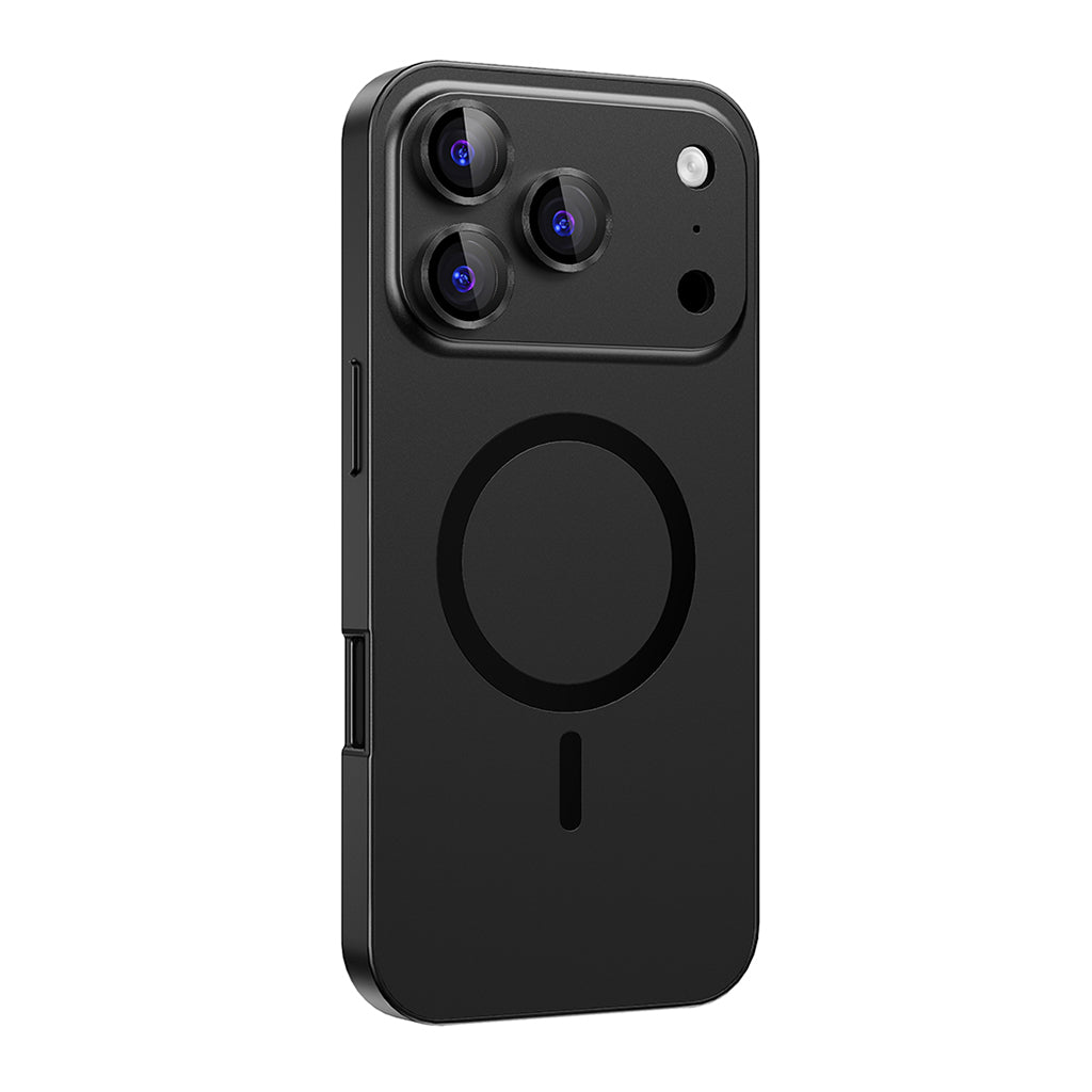 Black metal MagSafe case on a triple-camera iPhone