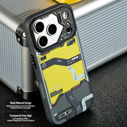 Tactical map case standing against a silver case, showing the metal lens guard