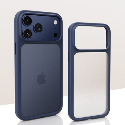Navy blue translucent matte iPhone case and empty case side by side