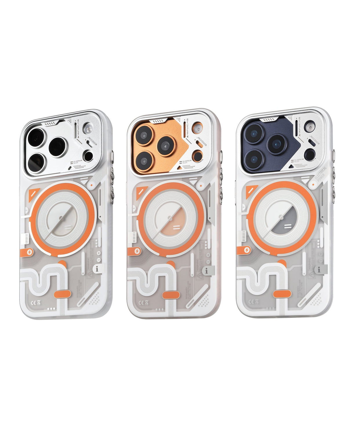 White and orange case on three iPhone colors