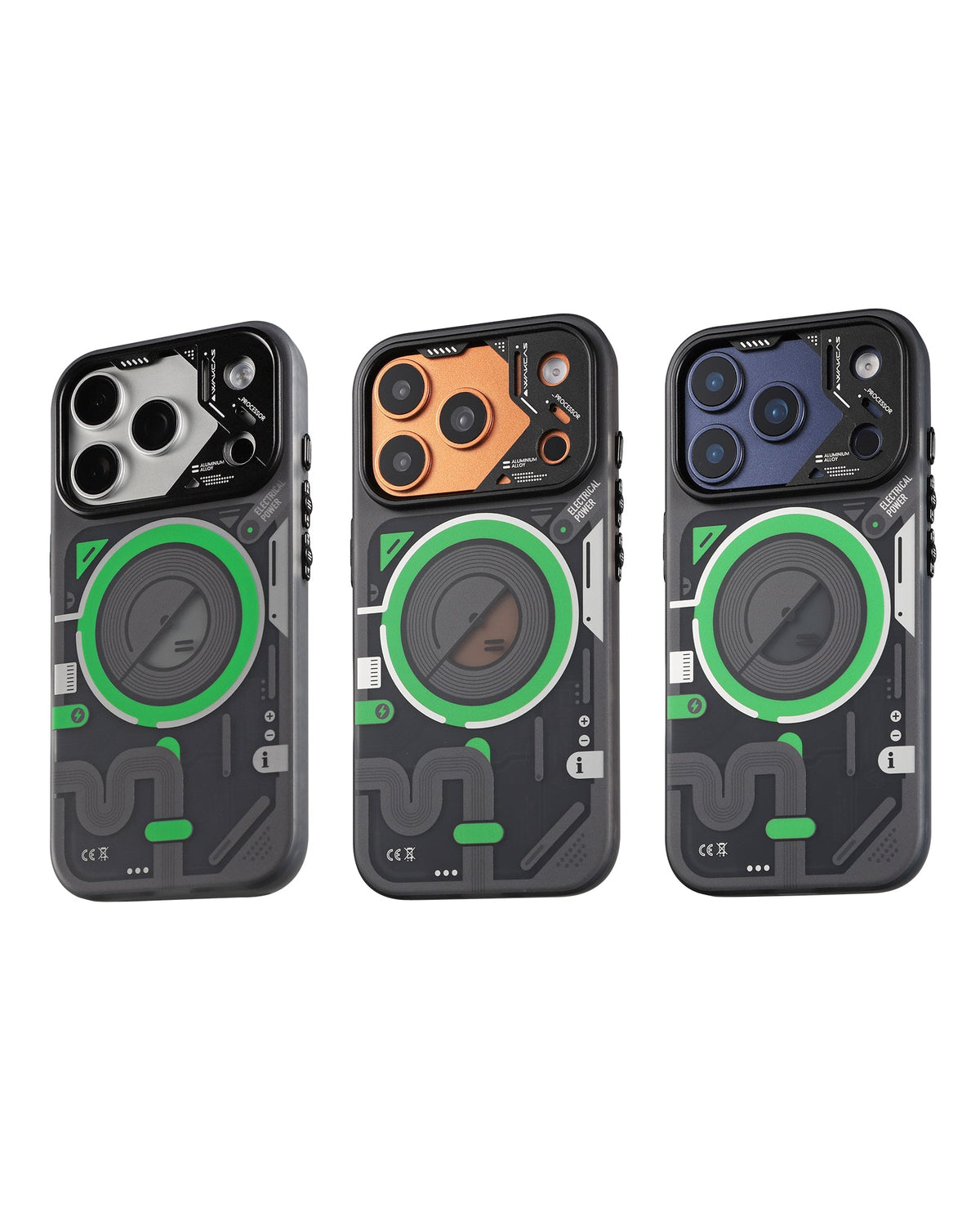 Black and green case on three iPhone colors
