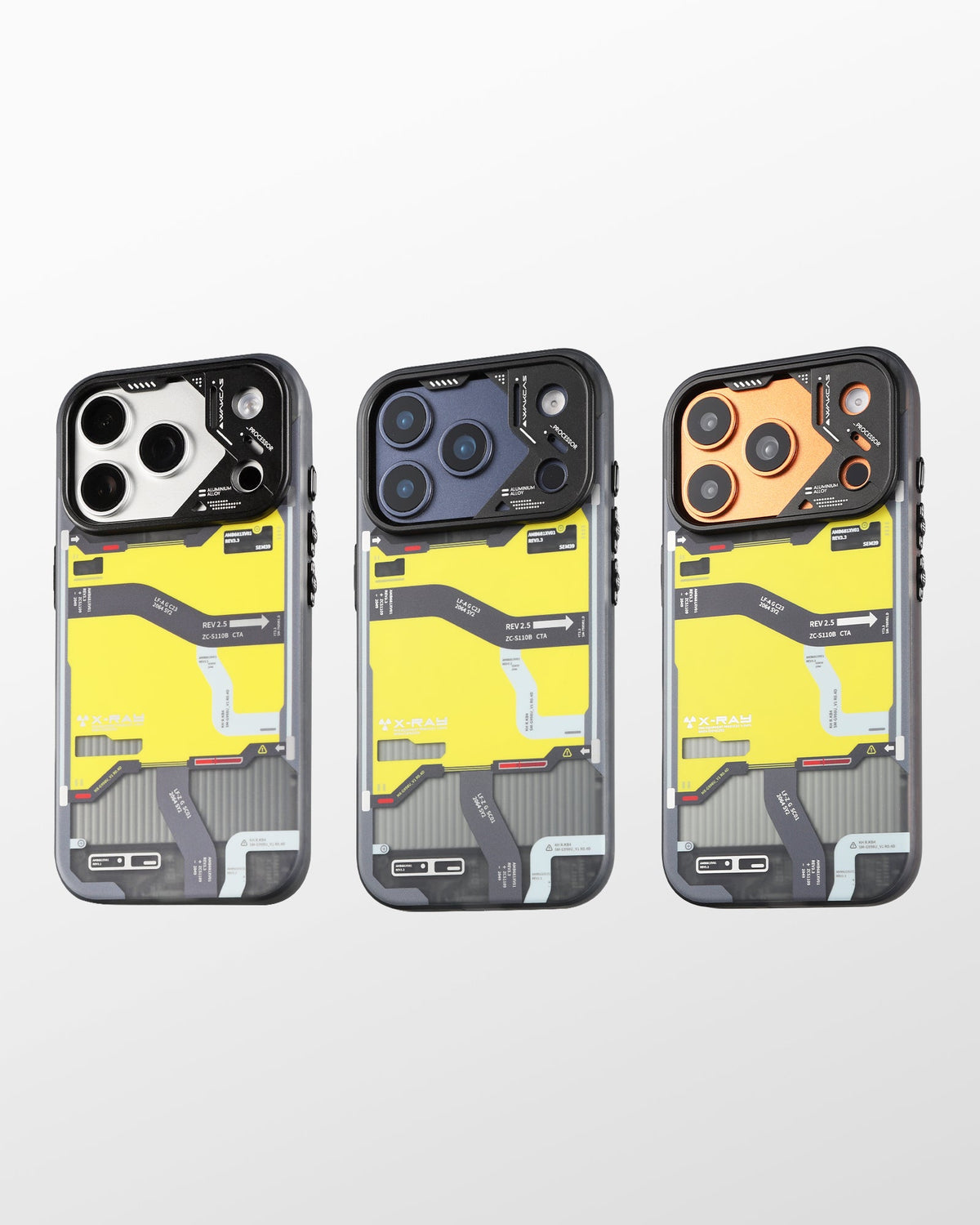 Three tactical map cases with silver, blue and orange camera rings side by side