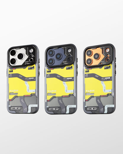Three tactical map cases with silver, blue and orange camera rings side by side