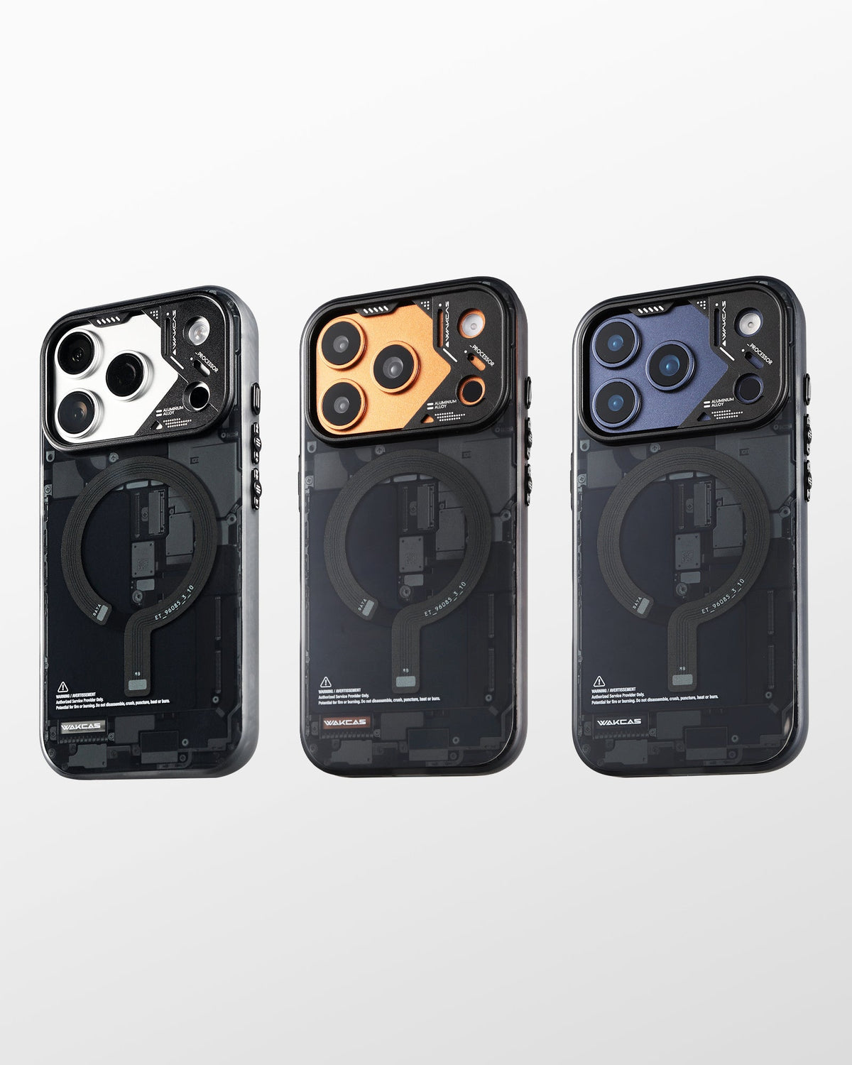 Black circuit board case shown on three iPhone colors
