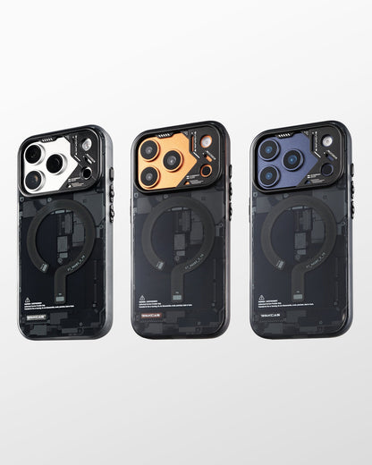 Black circuit board case shown on three iPhone colors