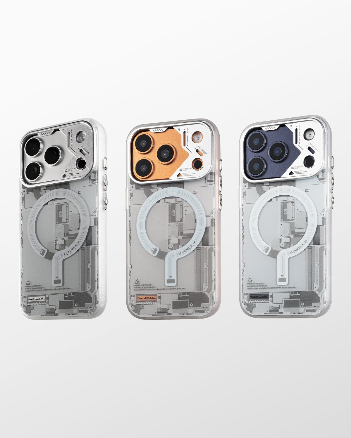 Grey circuit board case shown on three iPhone colors
