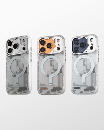 Grey circuit board case shown on three iPhone colors