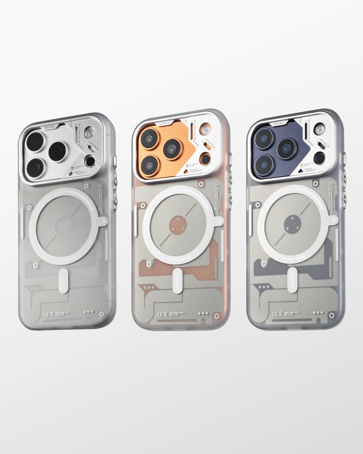 Three frosted cases in gray, orange and blue tones