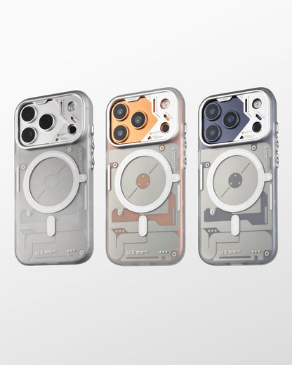 Three frosted cases in gray, orange and blue tones