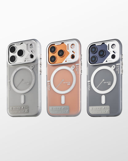 Three frosted cases in gray, orange and blue tones on white