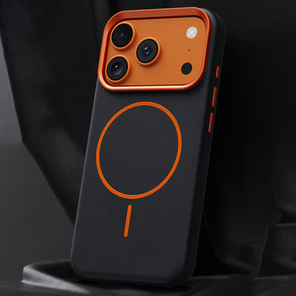 Black textured leather MagSafe iPhone case with orange accents