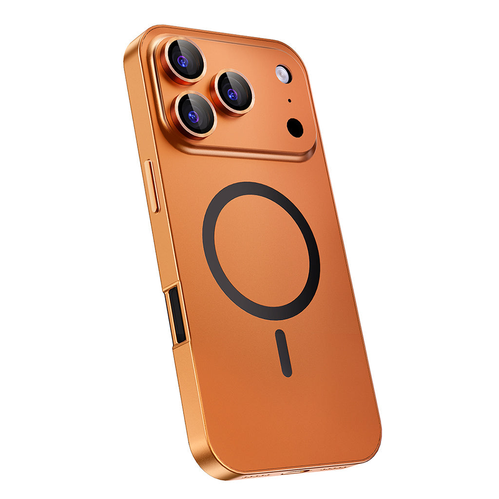 Orange metal MagSafe case, angled view showing the side profile