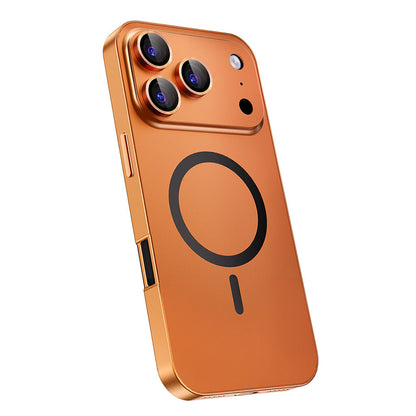 Orange metal MagSafe case, angled view showing the side profile