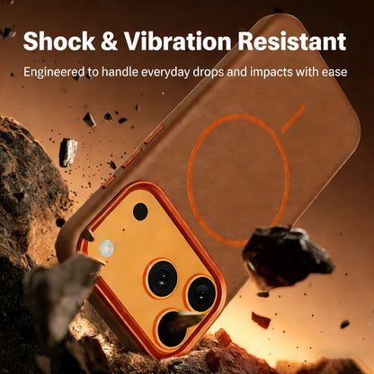 Brown leather iPhone case shown with flying rock fragments in a promotional scene