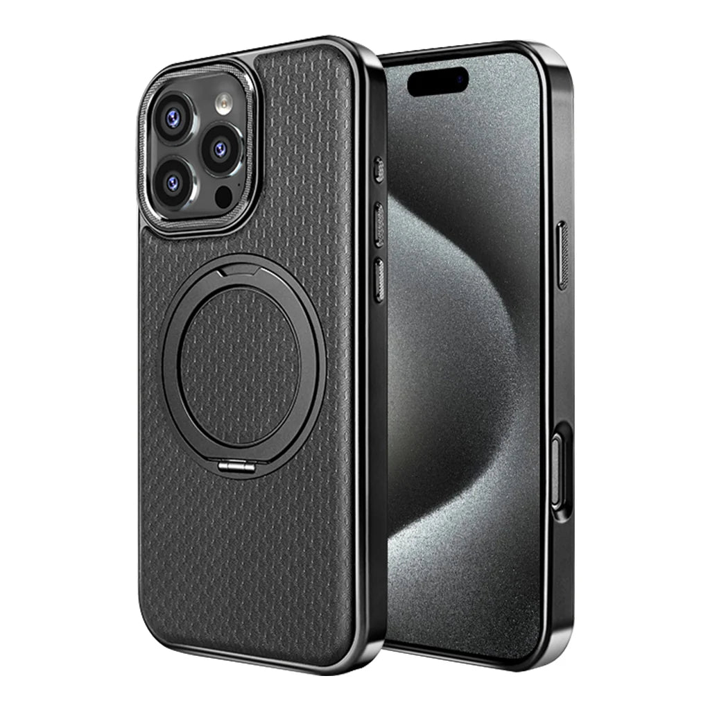 Black textured leather case with ring stand on an earlier Pro model
